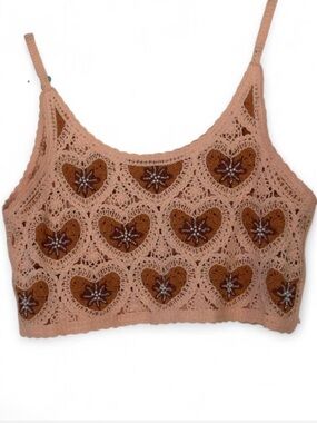 Avec Les Filles Peach & Brown Crochet Heart Crop Top